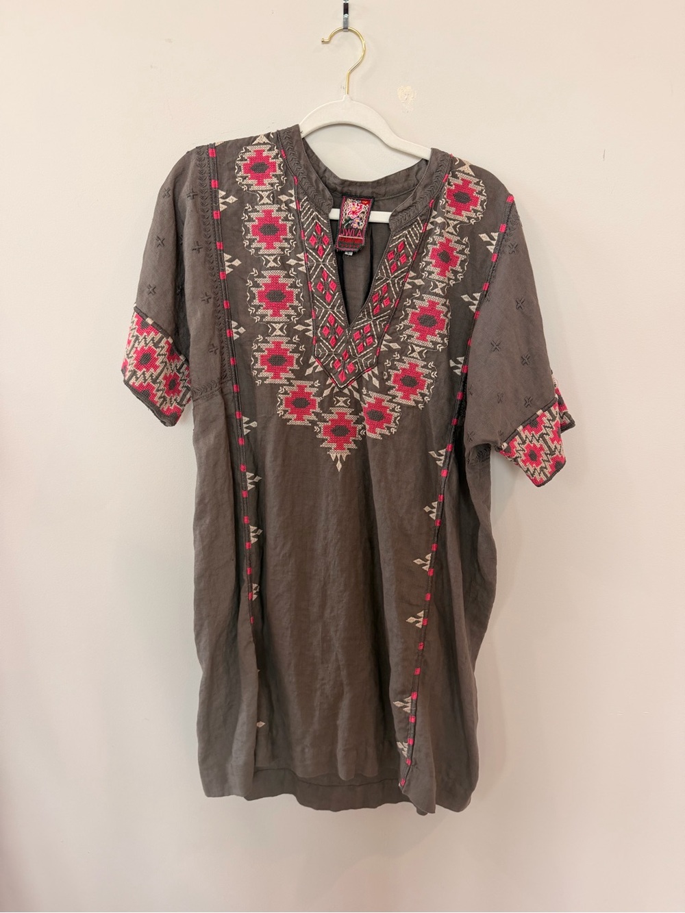 Johnny Was Taupe Tunic with Pink & Cream Embroidery